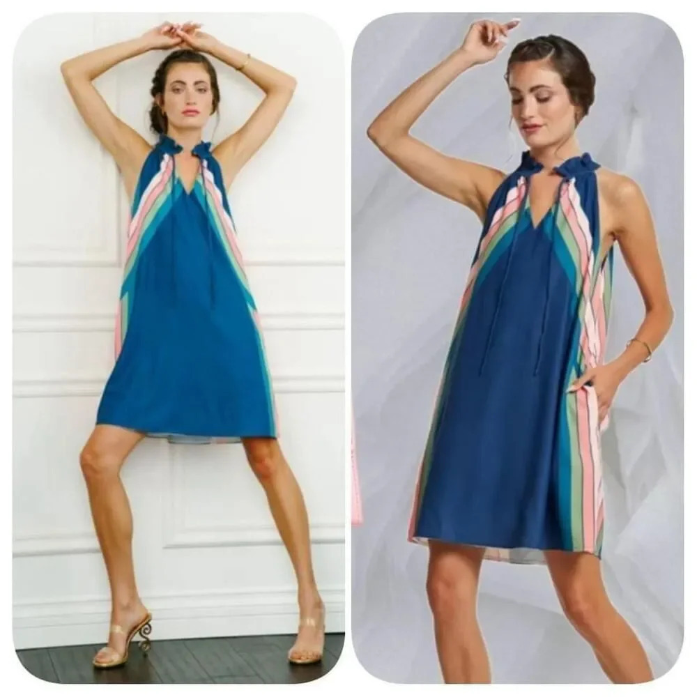 NWOT Ciebon Tekka Stripe Tie Neck Mini Dress Sz L
